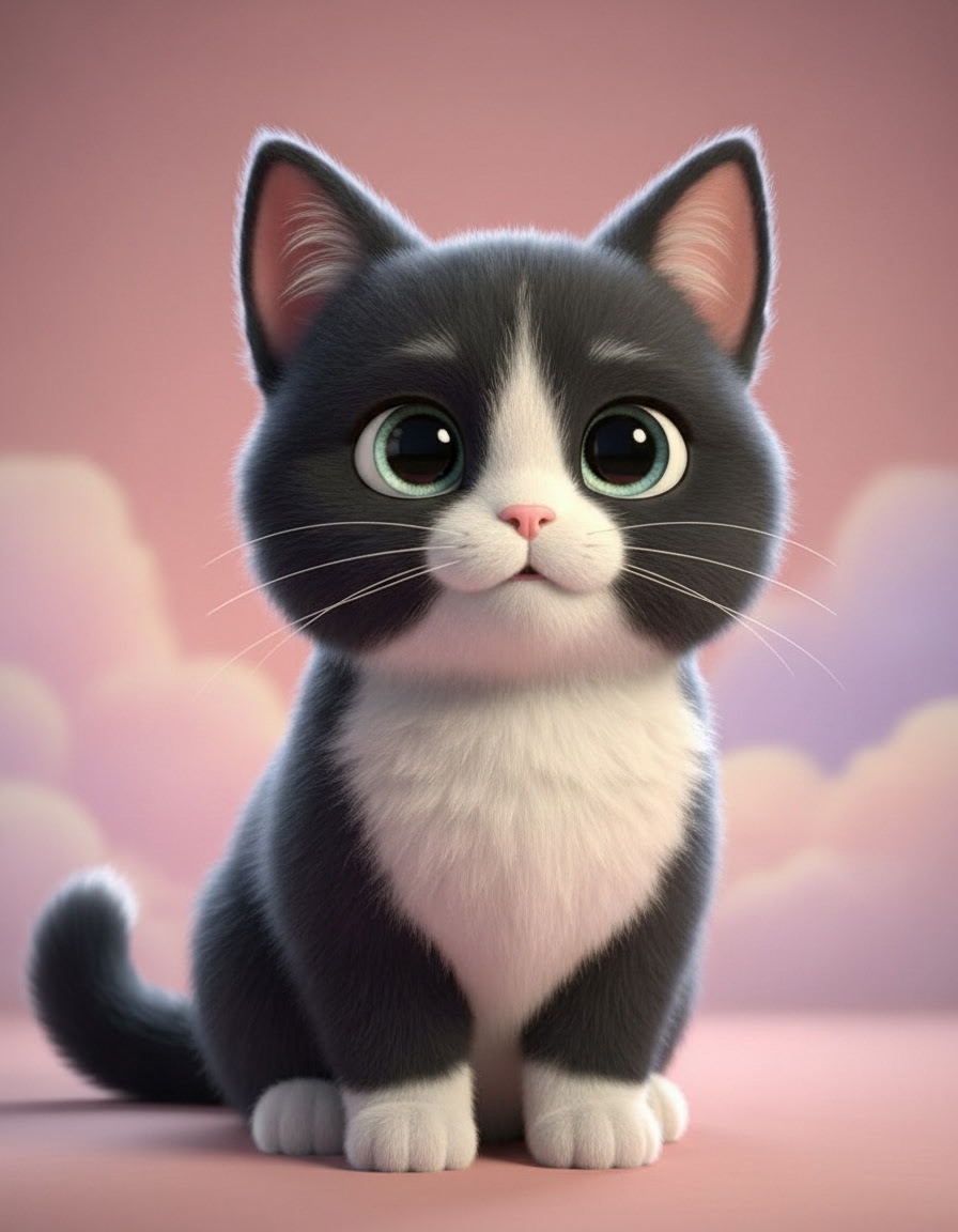 Example output: an animated-feature-style cartoon tuxedo cat character with bold outlines and pastel colors. This is what your pet photo looks like after running the prompt through MCP Media Engine img2img.