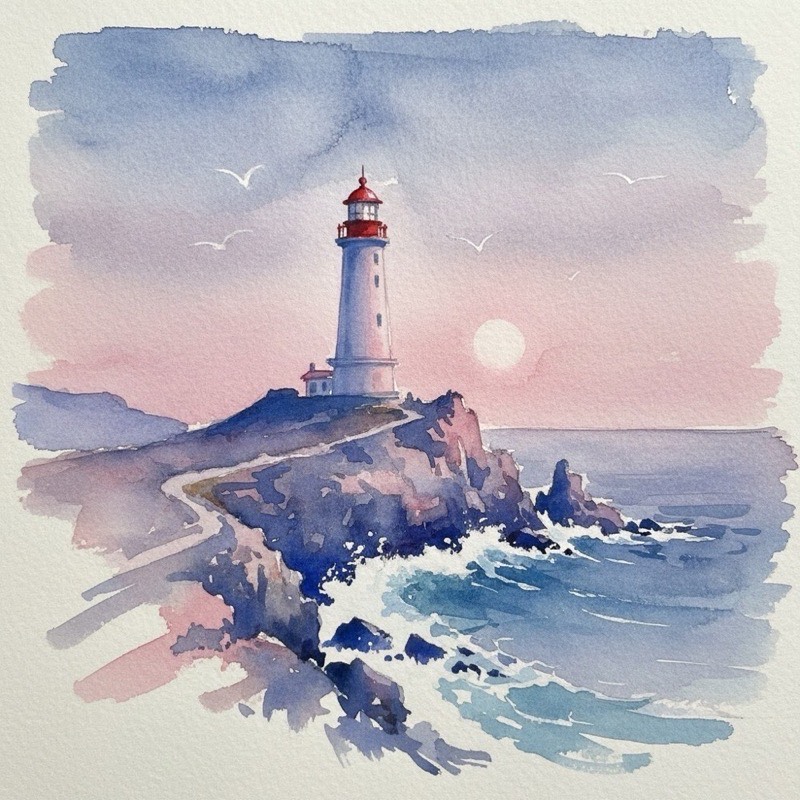 Watercolor painting of a lighthouse on a rocky coastline at dawn, soft wet-on-wet washes with paper texture.