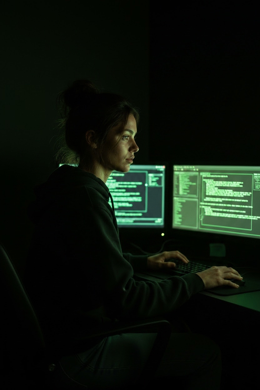Marie-Claire Pronti, AI-generated — Noir terminal light